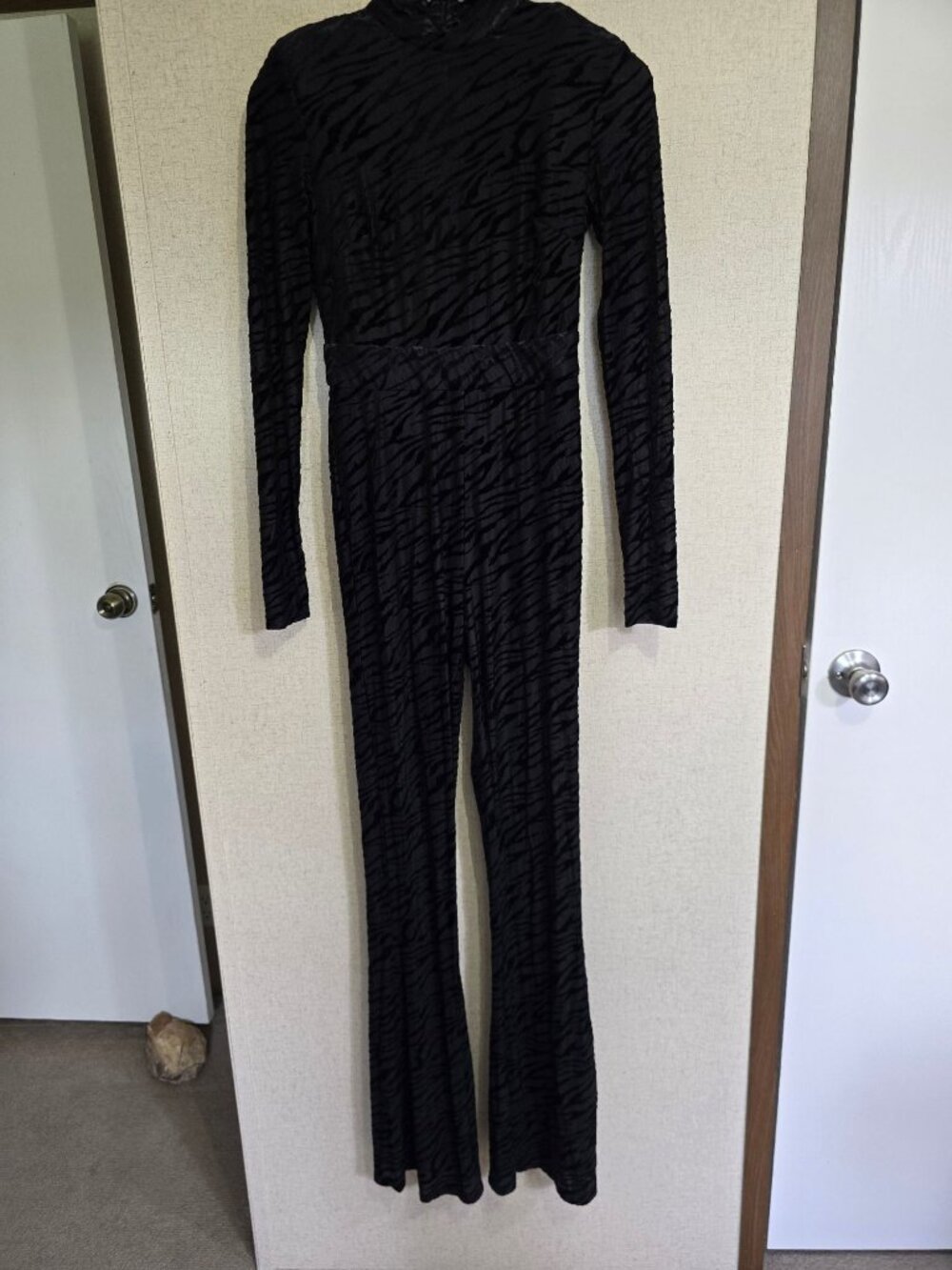 Size 4 Flare Leg Bodysuit Jumpsuit Black Velvet Animal Print Long Sleeve